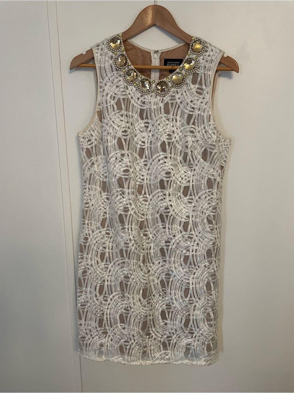 Adrianna Papell White Lace Sheath Dress with Jeweled Neckline